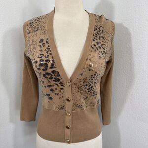 Vtg Cache Crop Cardigan Sweater Women S Tan Sequin Animal Print Mob Wife Y2K 90s